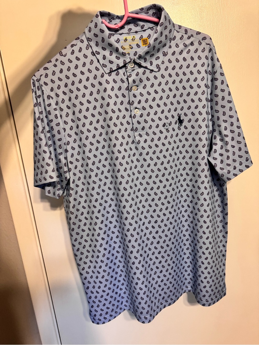 Ralph Lauren blue polo collared shirt with paisley pattern Size M . Never worn.